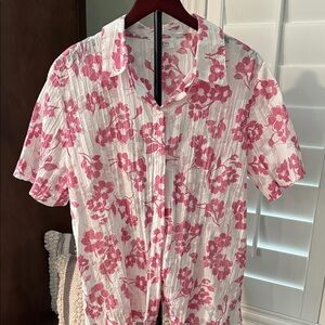 Denim & Company Floral Pink and White Button Down Shirt